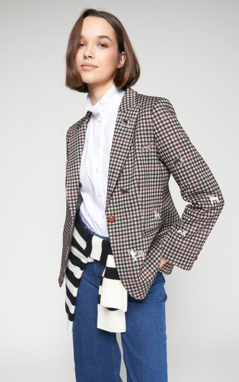 Vilagallo - Dog-Embroidered Houndstooth Print Blazer