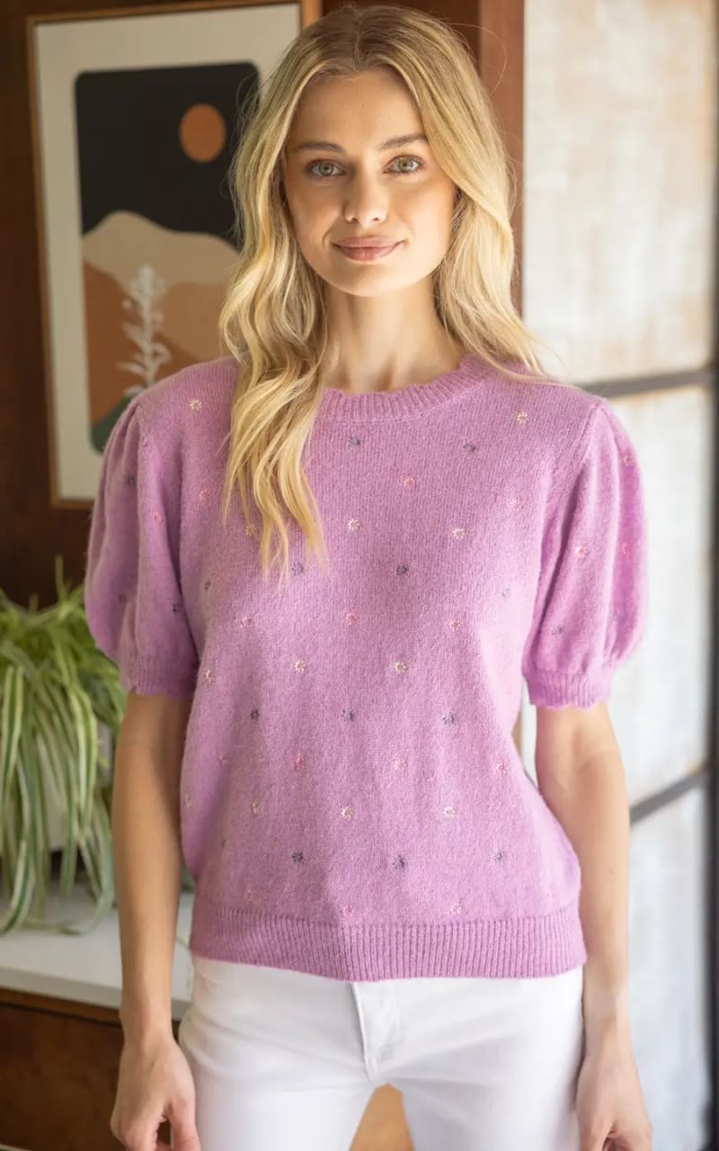 VOY- Embroidered Short Sleeve Sweater - sweater