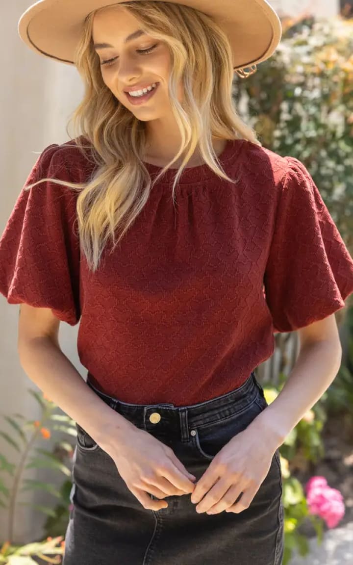 VOY- Heart Textured Puff Sleeve Knit Top - Shirts & Tops