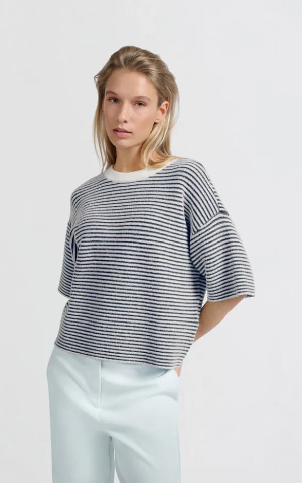 YAYA - Short Sleeved Striped Fluffy Sweater - SWEATER