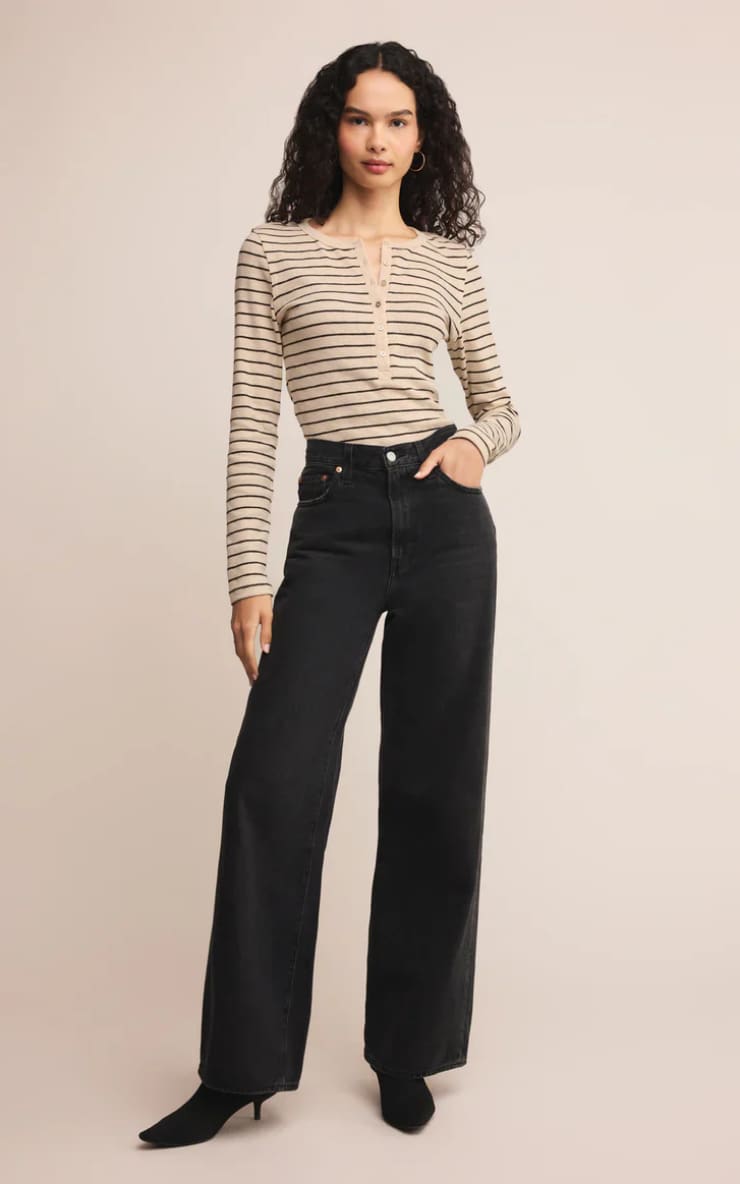 Z SUPPLY- Eve Stripe Henley Long Sleeve in Light Oatmeal
