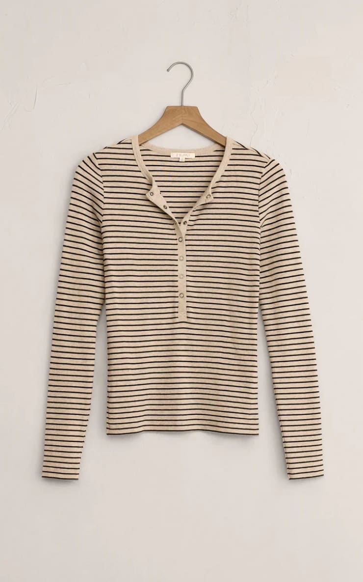 Z SUPPLY- Eve Stripe Henley Long Sleeve in Light Oatmeal