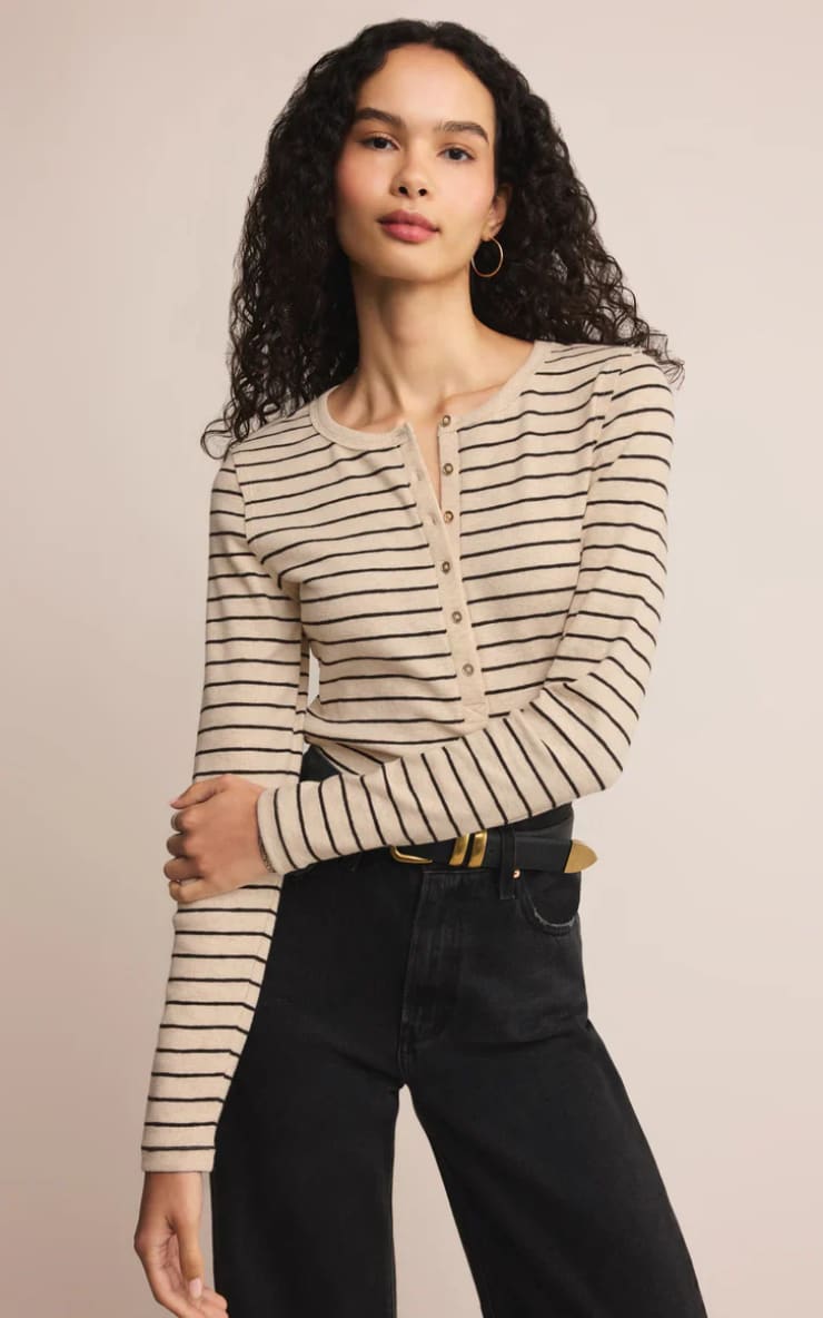 Z SUPPLY- Eve Stripe Henley Long Sleeve in Light Oatmeal