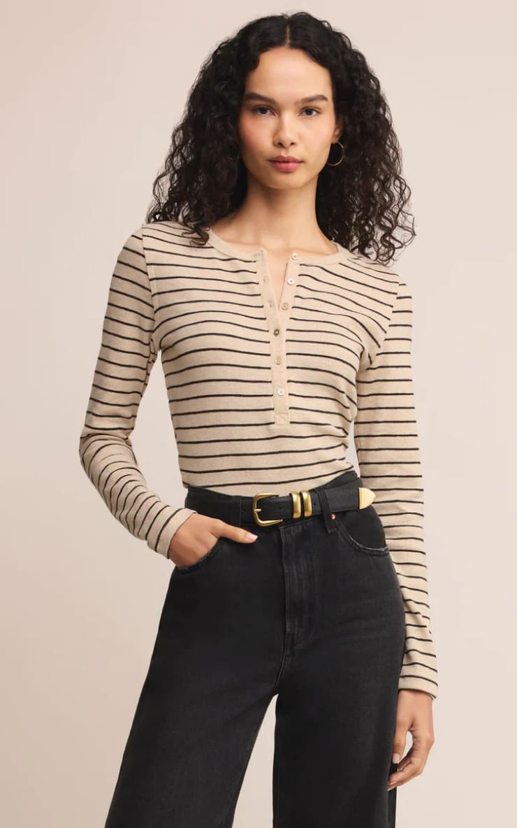 Z SUPPLY- Eve Stripe Henley Long Sleeve in Light Oatmeal