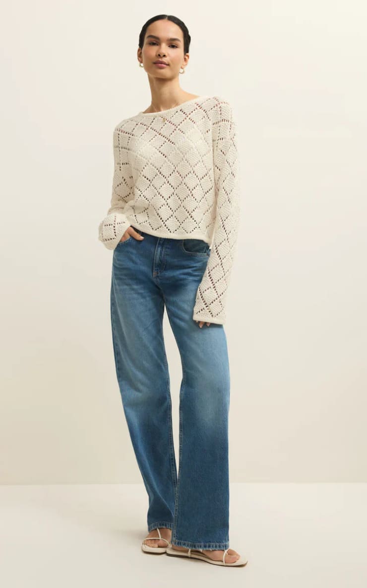 Z SUPPLY- Hullen Diamond Crochet Sweater in Cloud - SWEATER