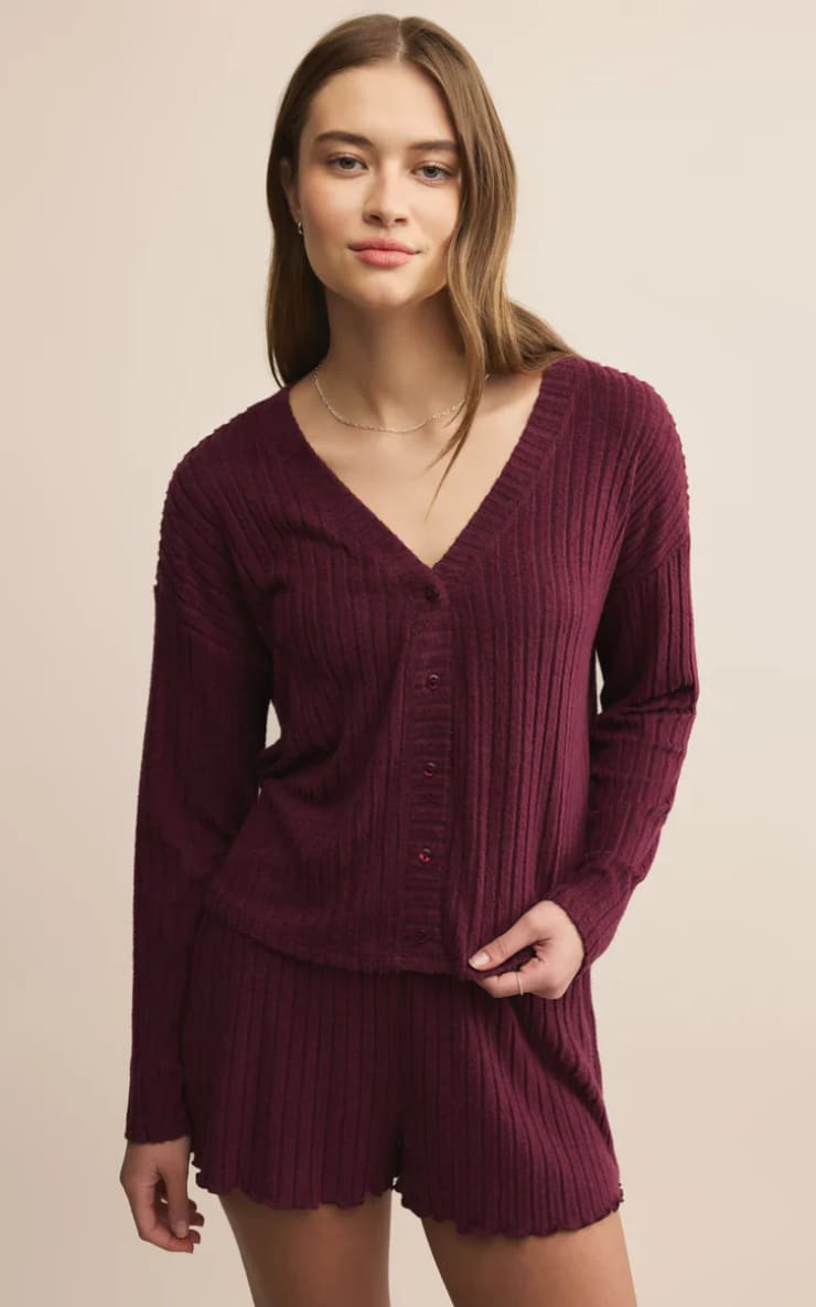 Z SUPPLY- Mara Silky Rib Cardigan in Merlot - SWEATER &