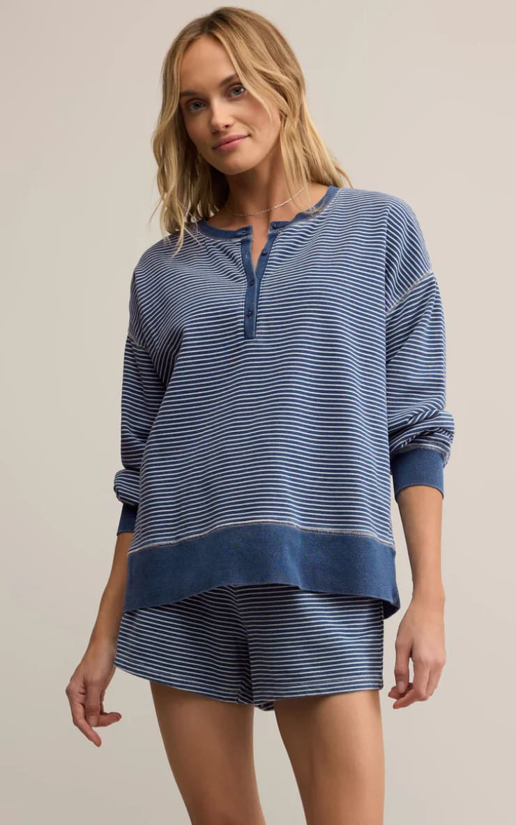 Z SUPPLY- Apollo Knit Denim Striped Sweatshirt - SWEATER &