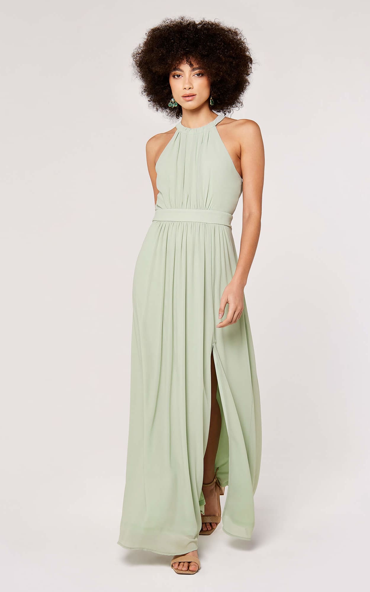 Apricot Halter Pleat Chiffon Split Maxi Dress floc boutique