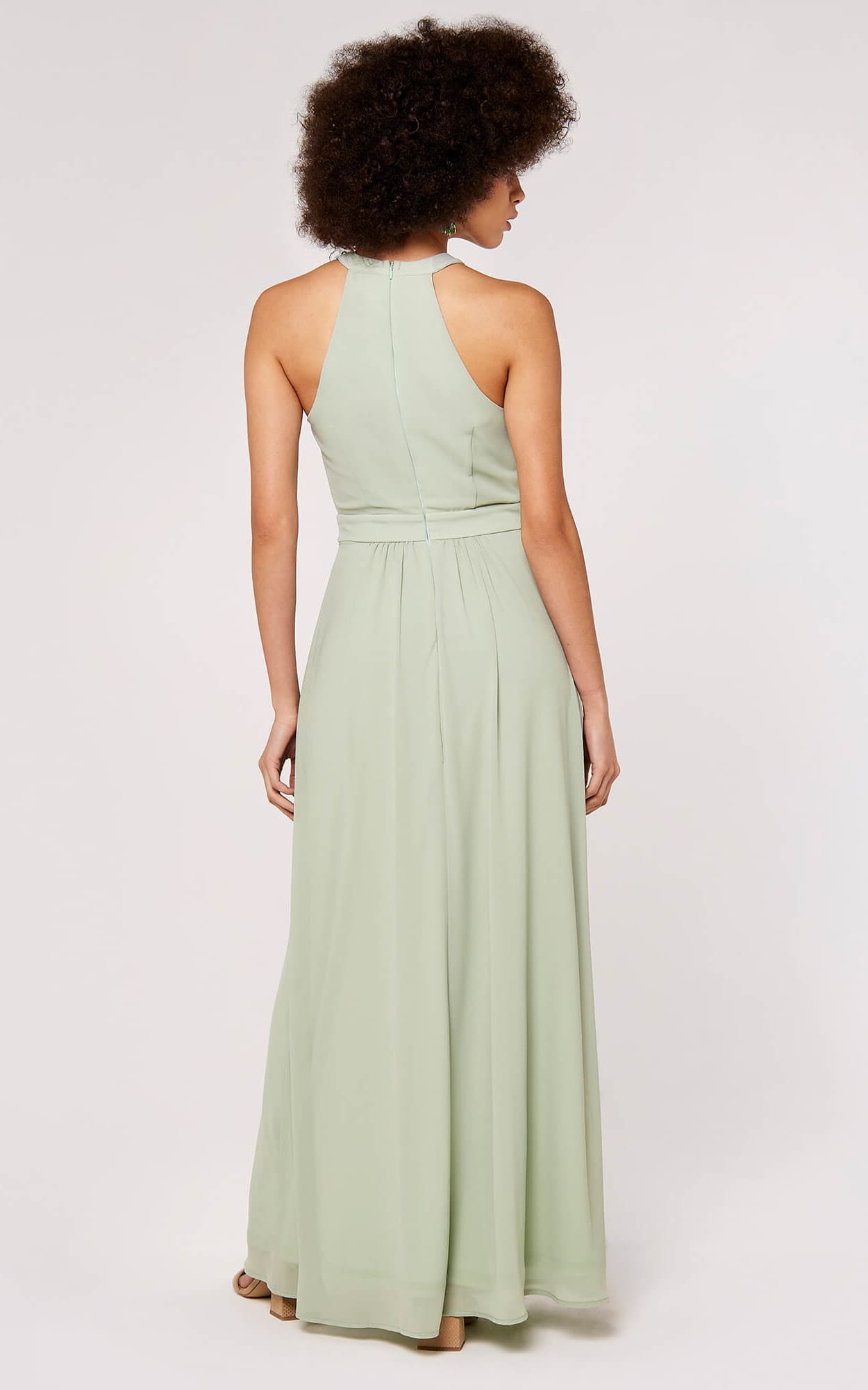 Apricot- Halter Pleat Chiffon Split Maxi Dress - dress