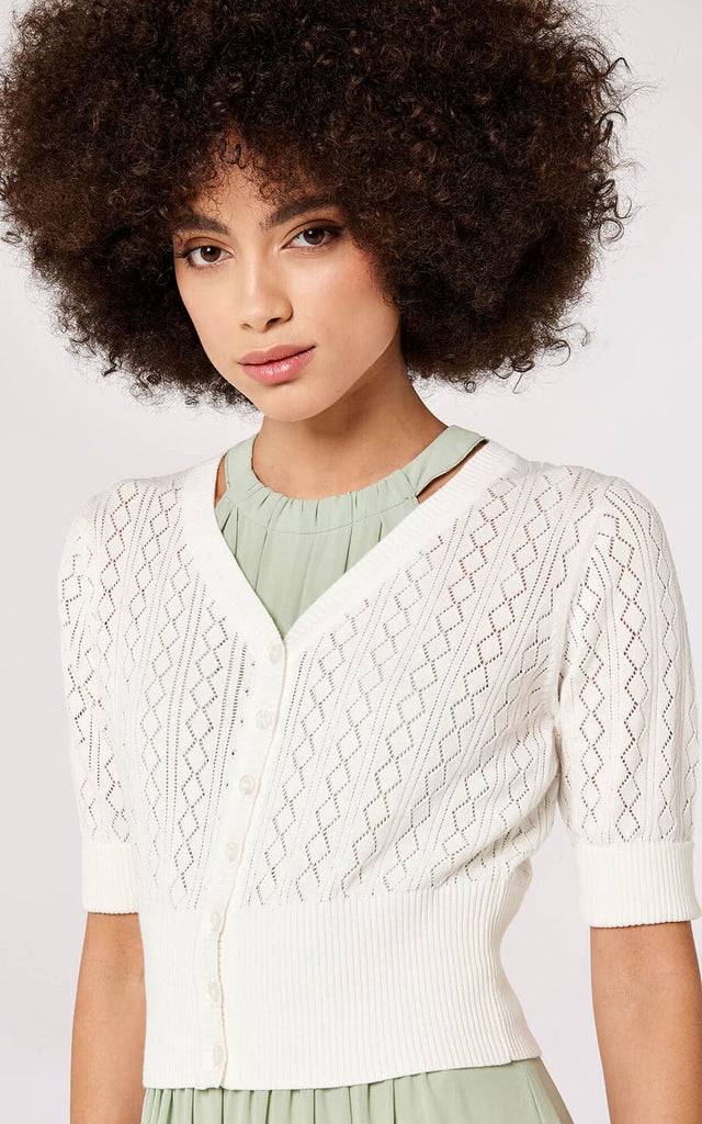 Apricot- Pointelle Button Cardigan - sweater