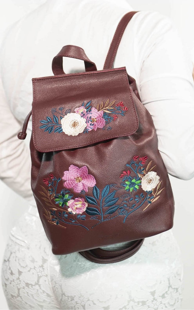 Andrea Leather Backpack In Burgundy With Embroidery - 