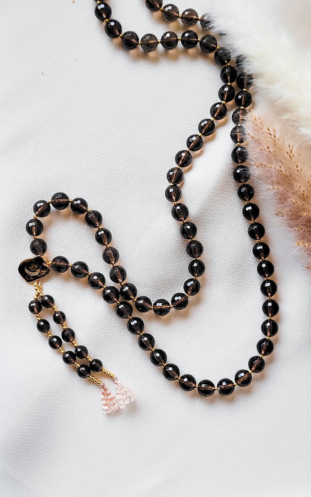Smoky Quartz on Silk Prayer Bead Necklace - jewelry