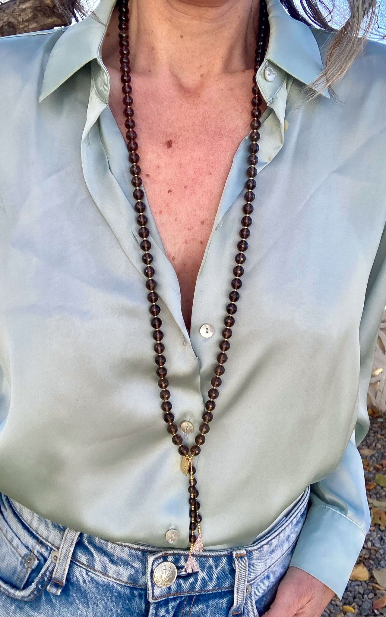 Smoky Quartz on Silk Prayer Bead Necklace - jewelry