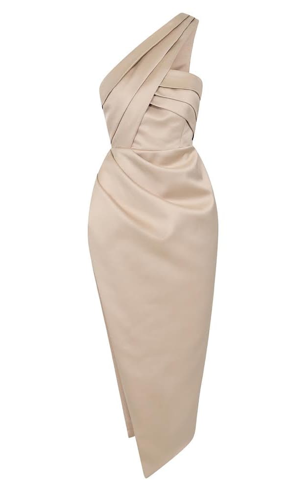 Lavish Alice - Satin One Shoulder Pleated Bronze Midi Dress