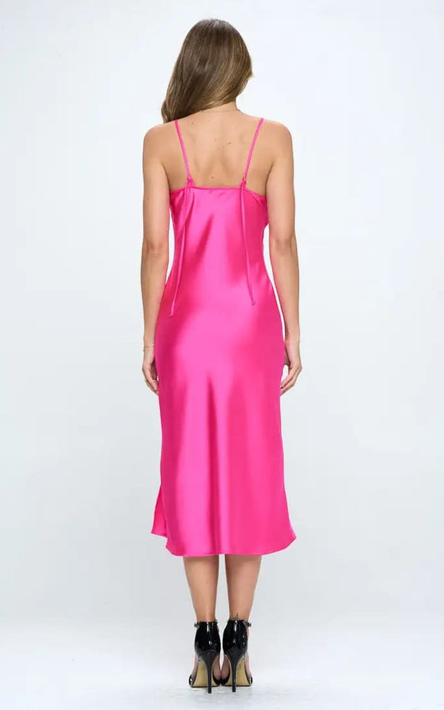 Renee C - Hot Pink Midi Satin Slip Dress w/ Slit Two Way