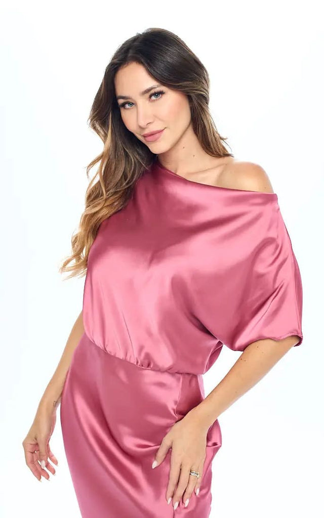 Renee C - Stretch Satin Blouson Dress in Dark Pink - Dresses