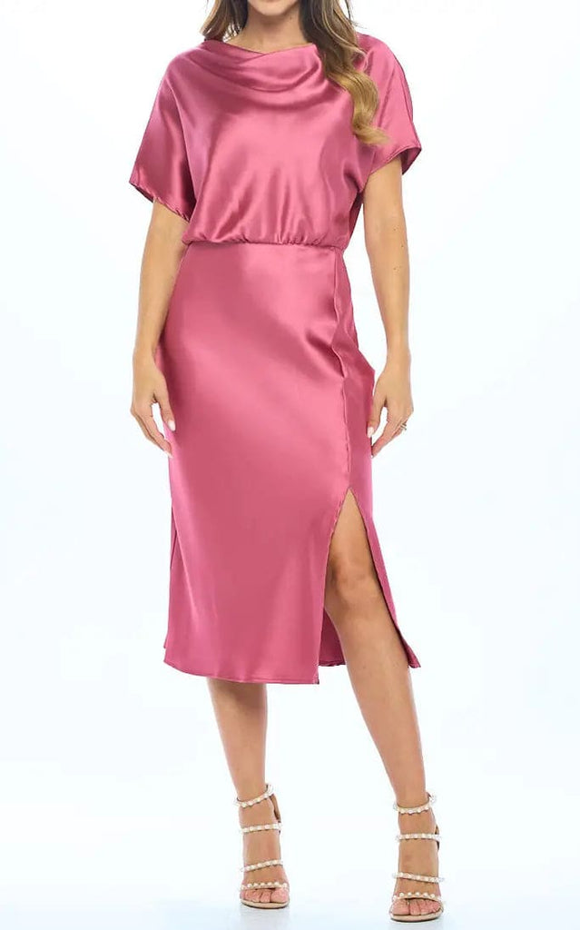 Renee C - Stretch Satin Blouson Dress in Dark Pink - Dresses